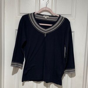Orvis Navy Blouse with White Embroidery